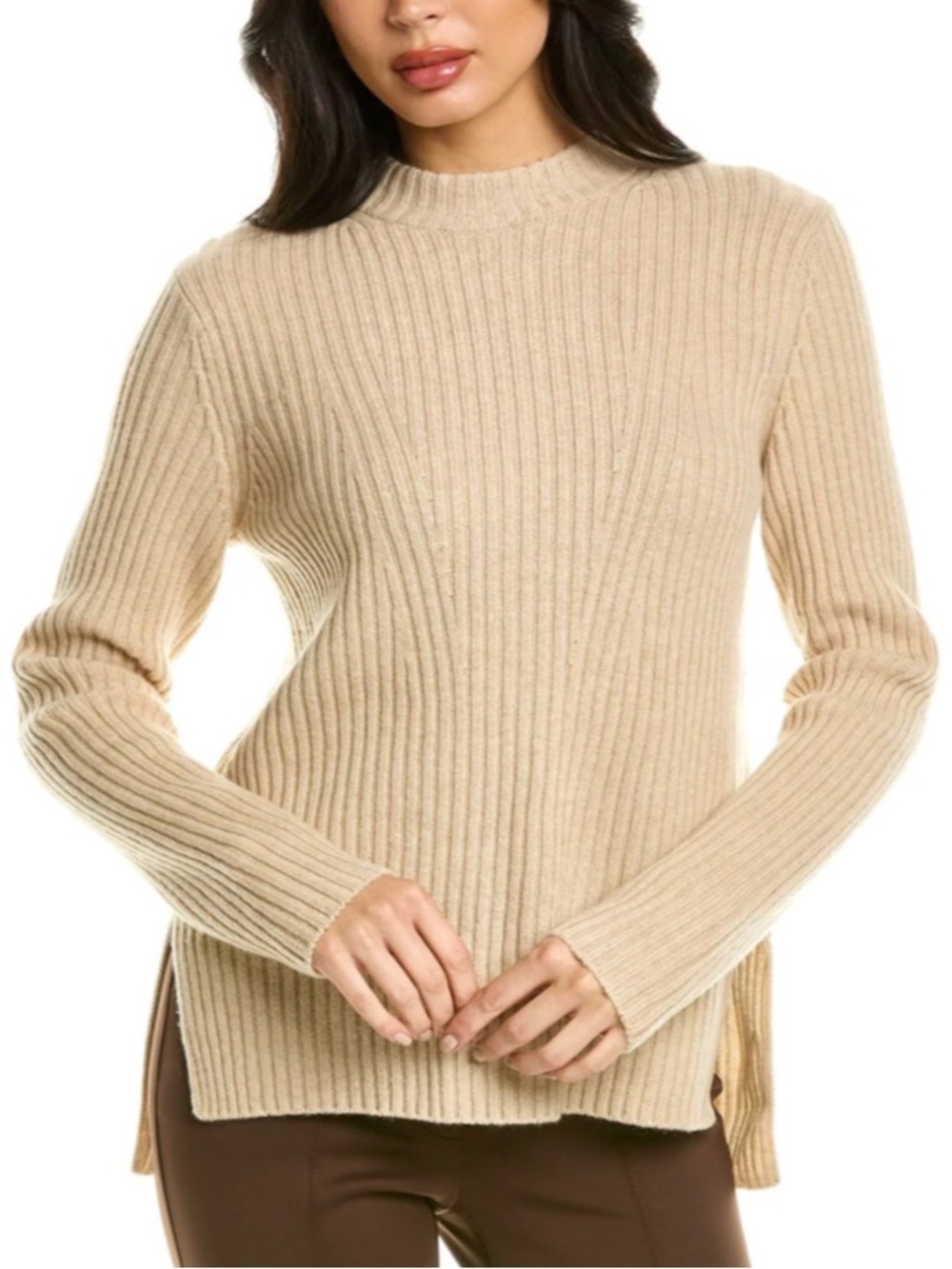 VINCE Ribbed Wool Cashmere Sweater Mock Neck Tan Medium